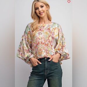 482 - Vibrant Paisley Printed Satin with Balloon Sleeves